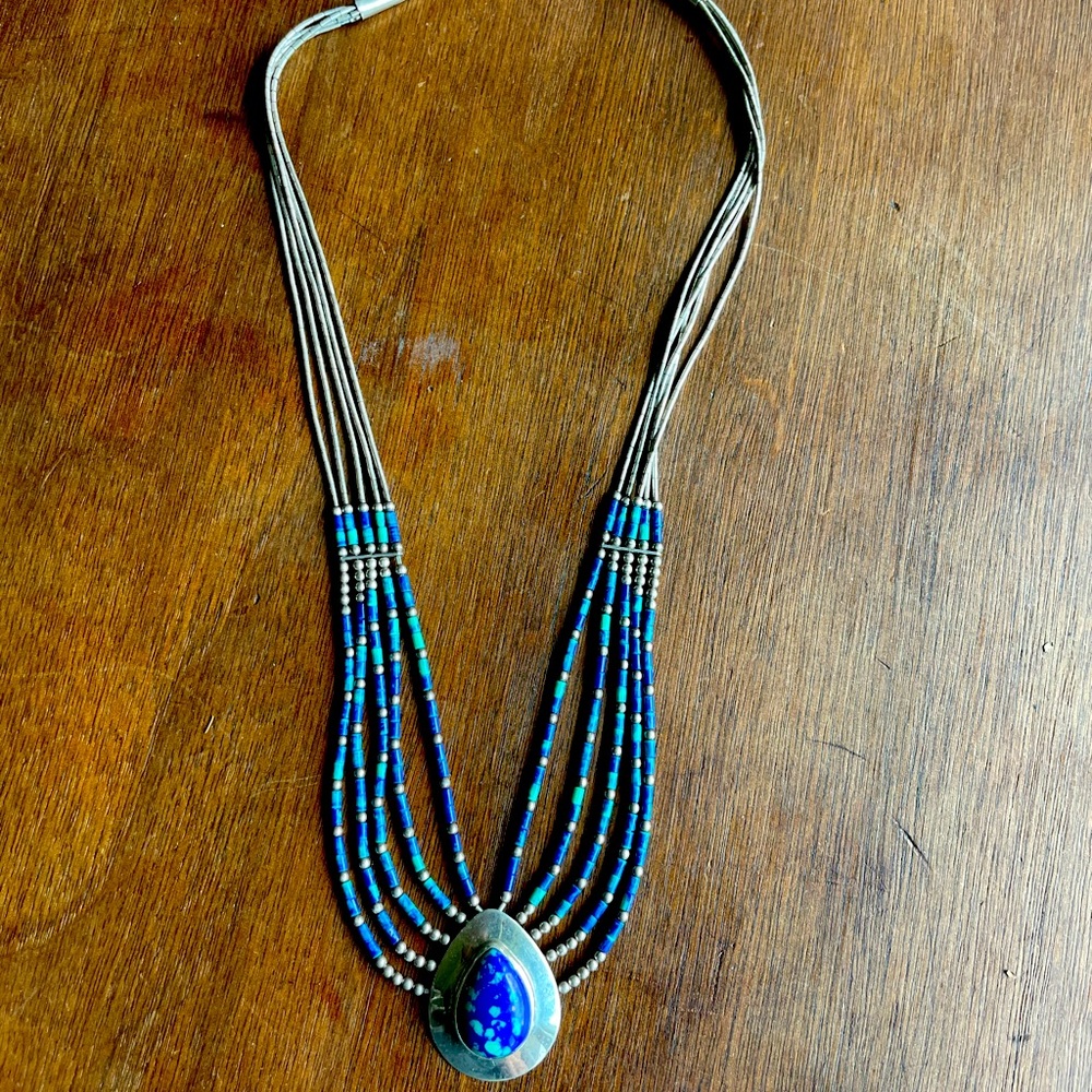 Vintage Sterling silver azurite malachite liquid silver necklace bib
